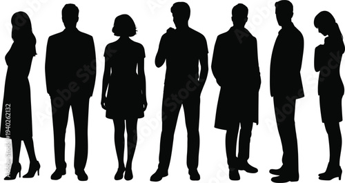 Silhouette of Diverse Men and Women Standing Together in Casual and Formal Clothing, Full Body Vector Group for Teamwork, Community, and Modern Business Professional Concepts