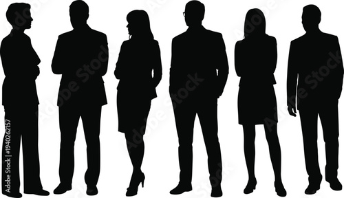 Silhouette of Diverse Men and Women Standing Together in Casual and Professional Clothing, Full Body Group Vector Illustration for Teamwork, Community, and Social Diversity