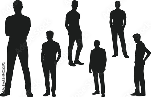 Silhouette of Diverse Men and Women Standing Together in Casual and Professional Clothing, Full Body Group Vector Illustration for Teamwork, Community, and Social Diversity