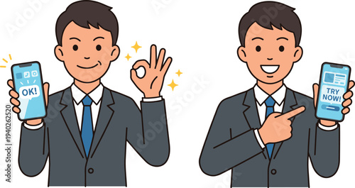 Two men in suits holding smartphones with o k and try now messages