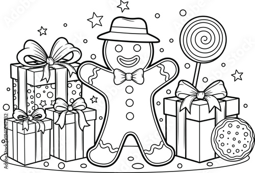 A cheerful gingerbread man with gifts and lollipop in a festive holiday scene