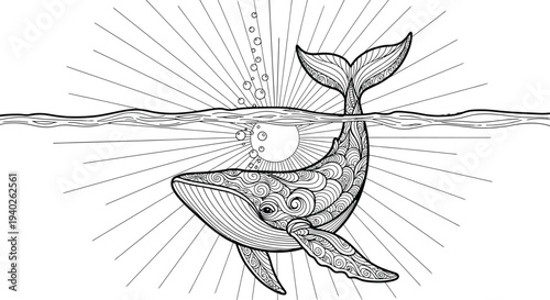 Whale diving deep into ocean waters with sunburst background