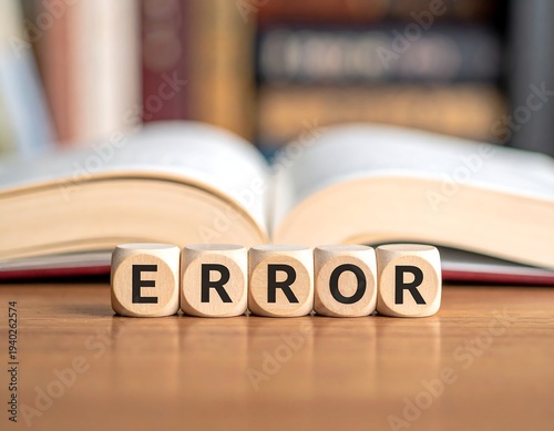 Error message concept with wooden blocks and open book.