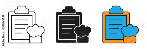 Chef's Recipe and Culinary Menu Icon. Detailed clipboard icon with a chef hat, perfect for restaurant menus, cooking recipes, catering checklists, and culinary education mobile apps.