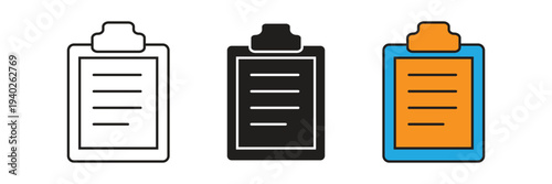 Professional Document And Task List Icon. Clean minimalist clipboard icon set for business administration, task management, office documentation, and official reporting in various design styles.