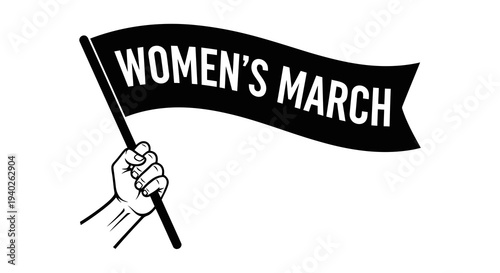 A hand holding a black flag with the words women_s march written on it in white.