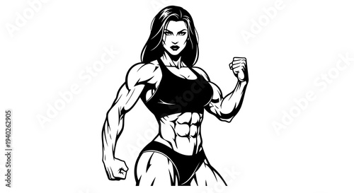 A muscular woman with long hair flexing her biceps in a black sports bra and bikini bottoms.
