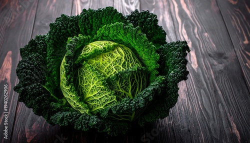 Savoy Cabbage Head on Dark Wood Surface.