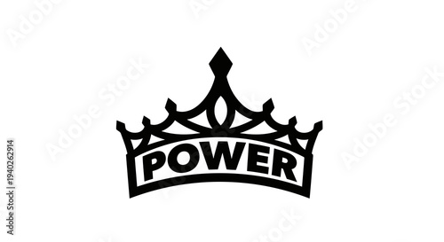 A stylized black crown with the word power written across it on a white background.