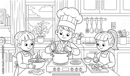 Children engaged in culinary activities with adult supervision in a kitchen setting