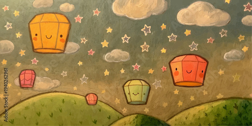 Kawaii Lantern Festival Sky Vesak Day Cute Vector Illustration