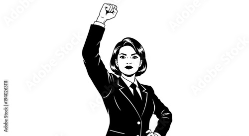 A determined businesswoman raising her fist in a symbol of solidarity and empowerment.