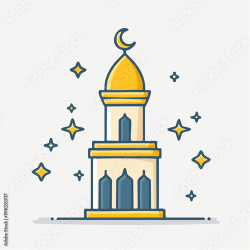 Clean vector illustration of a minaret with a golden dome
