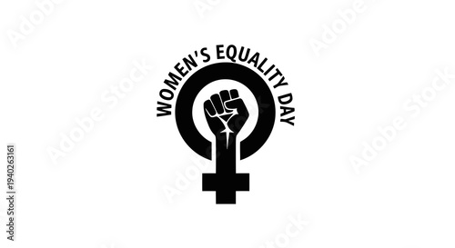 A logo representing women_s equality day with a raised fist symbolizing solidarity and empowerment.