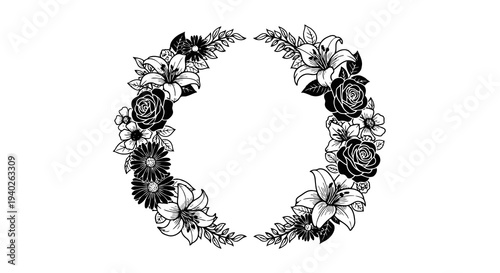 A beautiful black and white floral wreath on a plain white background.