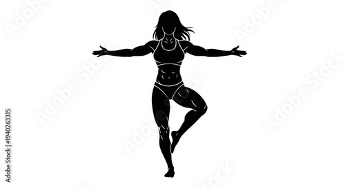 A woman in a yoga pose, balancing on one leg with arms outstretched.