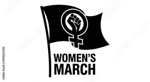 A black flag with a raised fist symbol and women_s march text, representing female empowerment and solidarity.