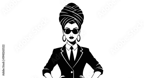 A stylish woman wearing sunglasses and a turban stands confidently in a business suit.