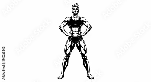 Illustration of a muscular woman posing confidently with her hands on her hips.