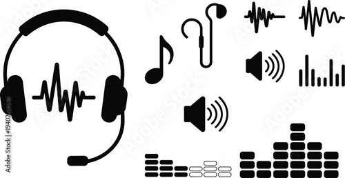 Audio and music icon collection with headphones waveform speaker equalizer earphones and sound symbols representing digital audio technology isolated minimal black vector set