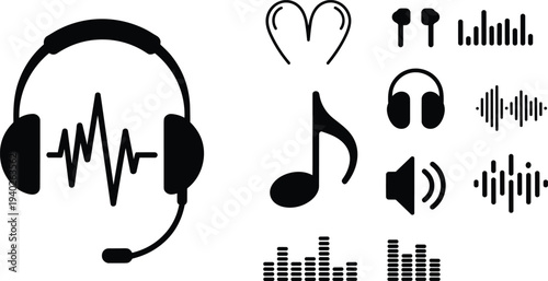 Audio and music icon set with headphones earphones sound wave equalizer speaker and music note symbols representing digital audio technology minimal black vector collection