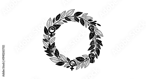 A simple black and white illustration of a circular wreath with leaves and flowers.