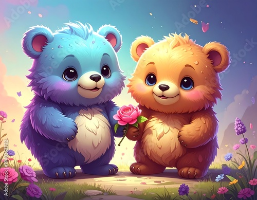 Two Adorable Teddy Bears in Love with a Rose.