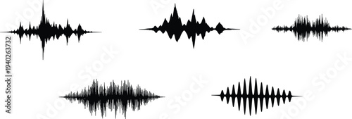 Audio waveform collection showing different sound frequency signals for music recording broadcasting podcast and digital audio visualization isolated minimal black vector illustration set