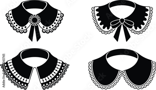Vintage lace collar fashion set with bow and embroidery details, elegant clothing accessory silhouette icons for costume and apparel design