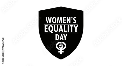 A black shield logo for women_s equality day with a symbol of female empowerment.