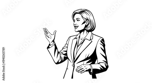 A woman in a business suit gesturing with her hand as if presenting or explaining something.