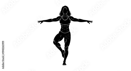 A woman dancing in a dynamic pose with her arms outstretched and one leg raised.