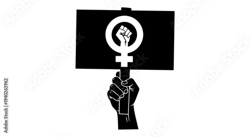 A raised fist holding a sign with a female symbol and clenched fist inside it, representing feminist protest and solidarity.