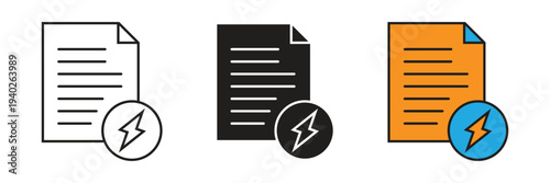 Energy Billing And Power Report Icon. Document icon set with a lightning bolt symbol, representing electricity bills, energy efficiency reports, power consumption data, and utility management.