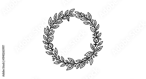 A simple black and white illustration of a laurel wreath on a plain background.
