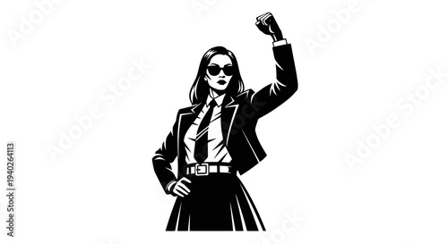 A confident businesswoman raising her fist in a powerful gesture of solidarity and strength.