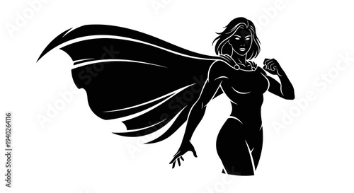 A female superhero in a dynamic pose with a flowing cape