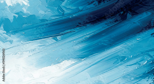 Abstract acrylic painting featuring flowing shades of blue and white.