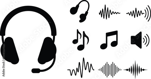 Black audio and music icon set including headphones sound wave music notes speaker and equalizer symbols for digital audio technology isolated vector collection