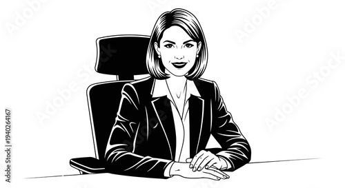 A confident businesswoman sitting at her desk with a friendly smile.