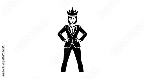 A cartoon character wearing a crown and suit stands confidently with hands on hips.