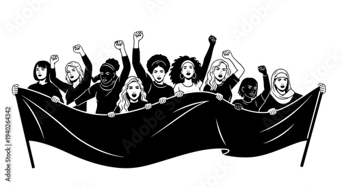 A group of diverse people holding a banner and celebrating together in unity.