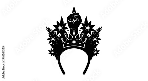 A black crown with floral designs and pointed tips on a white background.