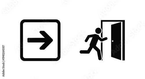A person running from an open door and an arrow sign silhouette
