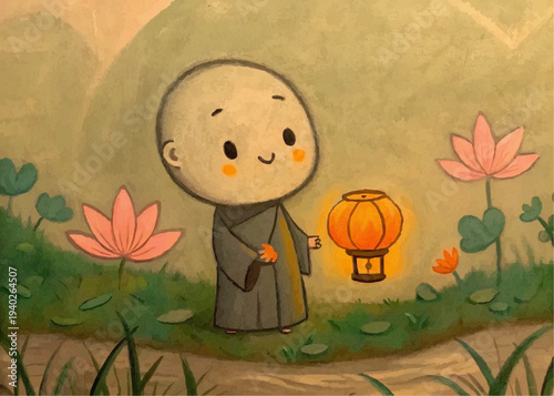 Cute Kawaii Monk Lighting Lantern Vesak Day Vector Illustration