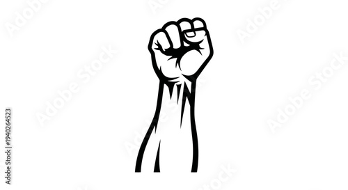 A simple black and white illustration of a raised fist symbolizing solidarity and strength.