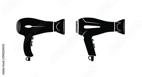 Two black hair dryers depicted in a flat minimalist silhouette