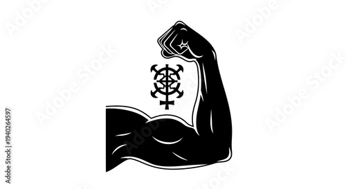 A flexed arm with a symbol representing female empowerment and strength is displayed prominently.