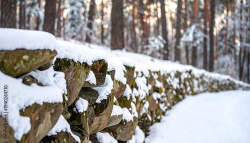 Snow-covered stone wall in a winter forest landscape.