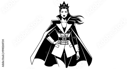 A cartoon princess wearing a crown and cape stands confidently with her hands on her hips.